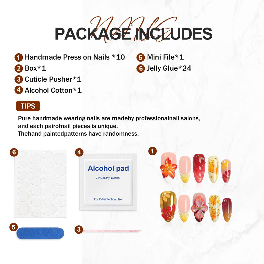 Homsera Handmade Press On Nails Almond – 3D Maple Leaf Flowers, French Tips, Short, Reusable & Salon-Quality 10pc Kit