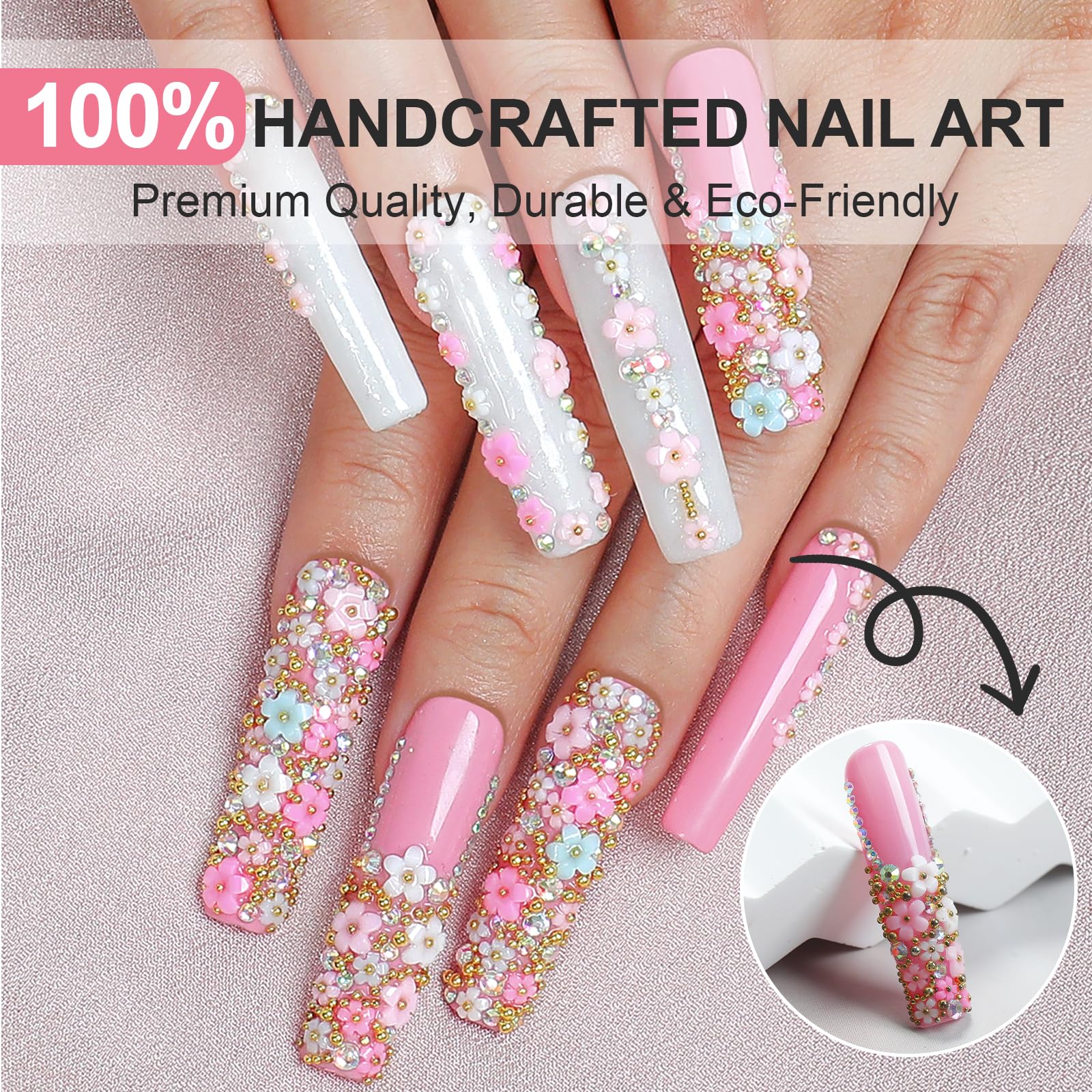 Homsera Handmade Rhinestone Nails – Pink Flowers, Glossy Coffin Press-On Set