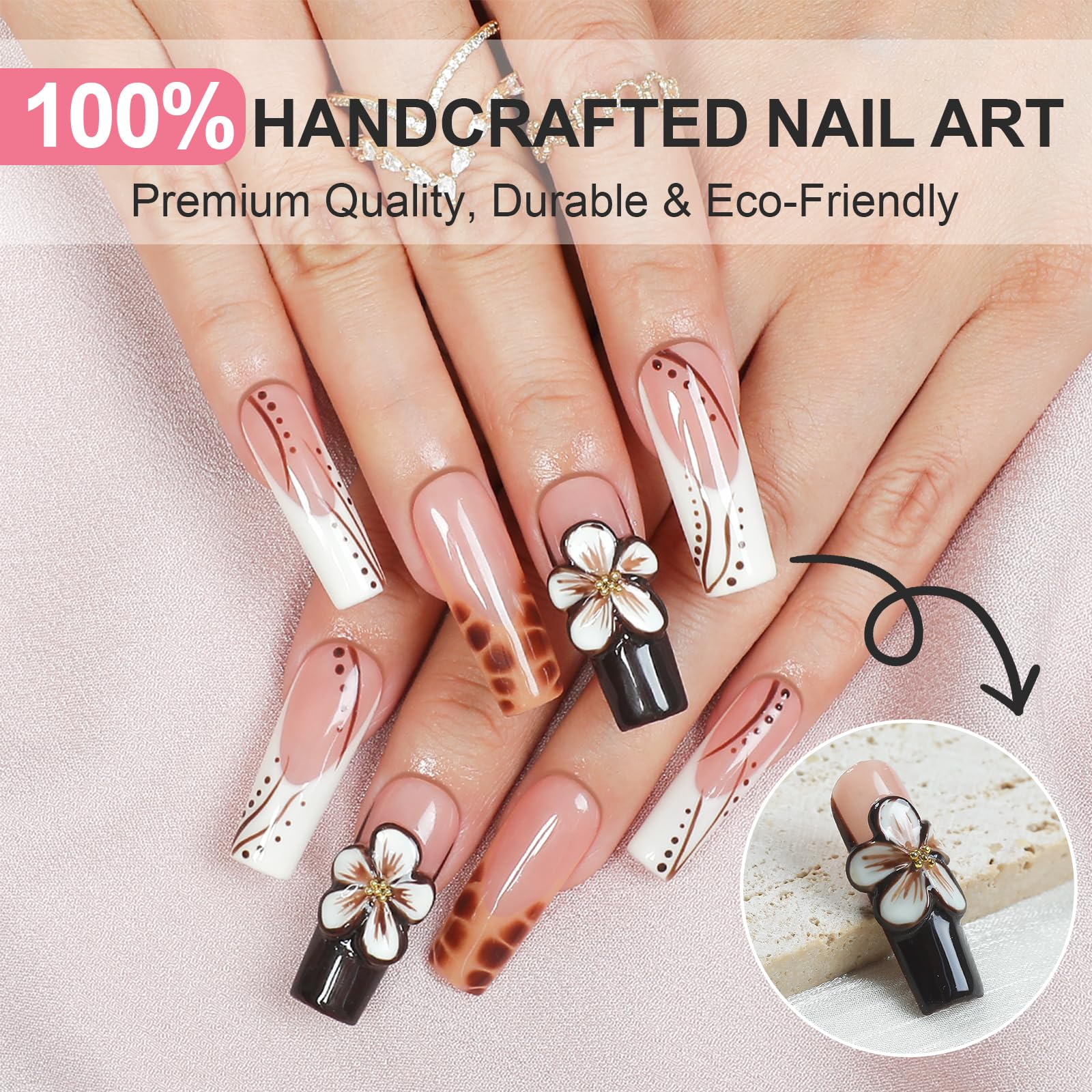 Homsera Ethereal Blossom Square Press-On Nails – Watercolor Marble Base with 3D Floral Embellishment