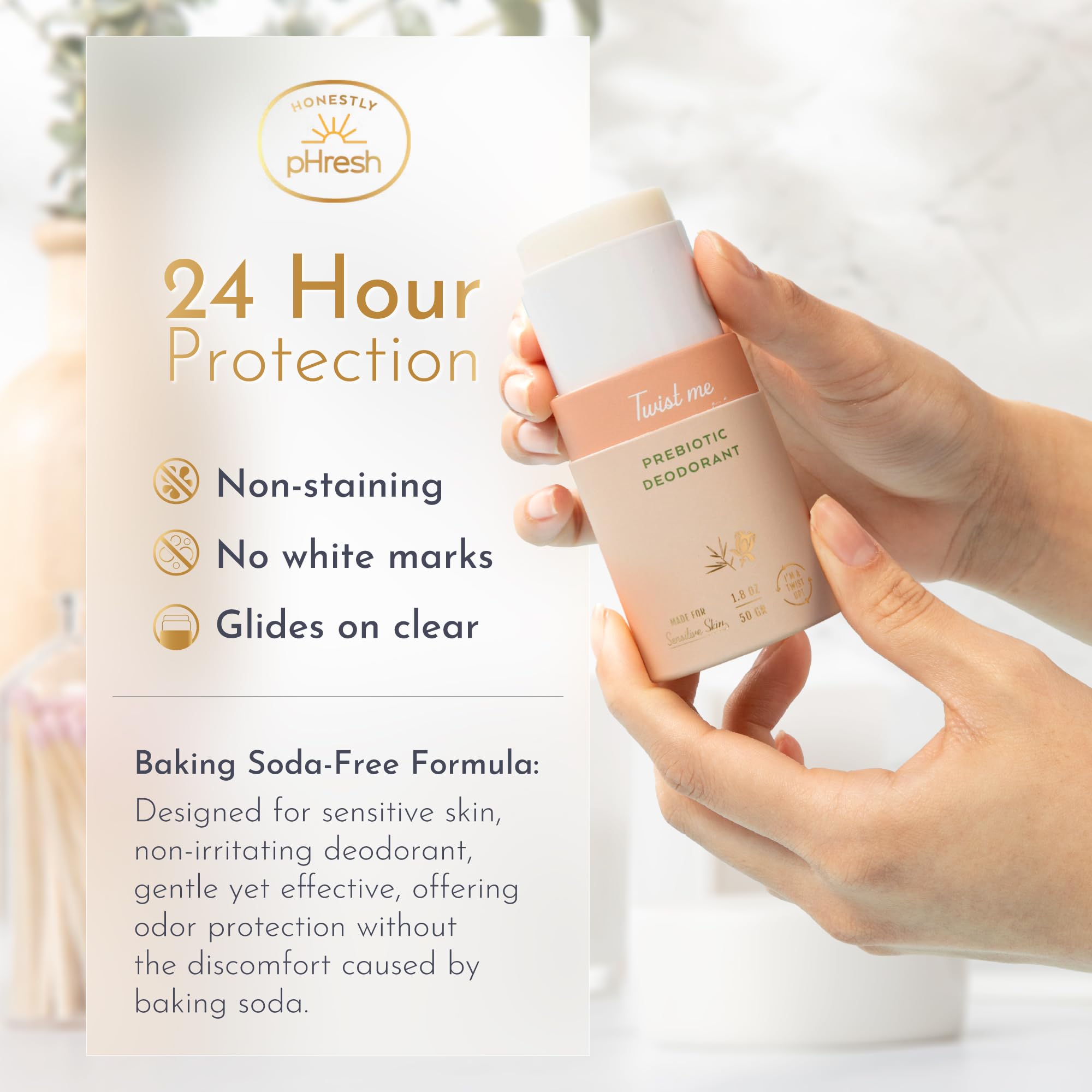 Honestly pHresh Twist-Up Deodorant — Baking Soda Free, Prebiotic Formula, Aluminum-Free | Juniper Rose