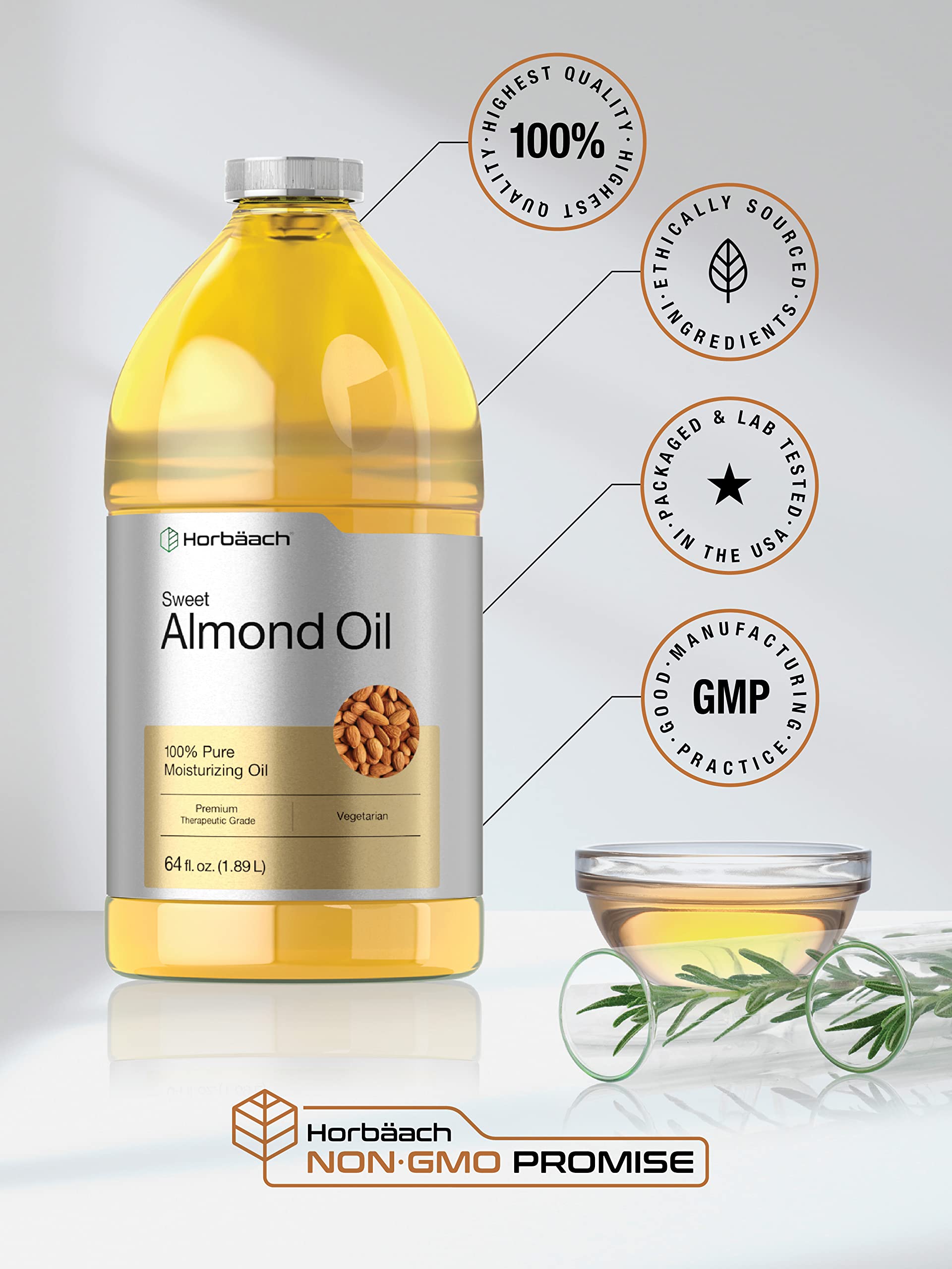 Horbäach Sweet Almond Oil 64-oz – Cold-Pressed, Hexane-Free Carrier Oil for Hair & Skin | Vegan, Non-GMO, Cruelty-Free
