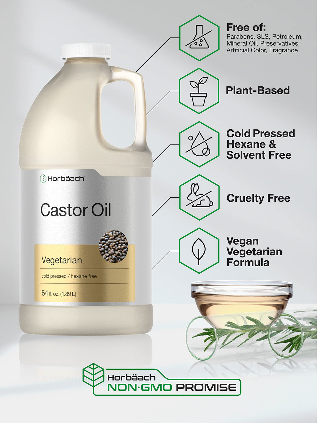 Horbäach Castor Oil 64oz | Hexane-Free, Cold-Pressed, Vegetarian, Non-GMO