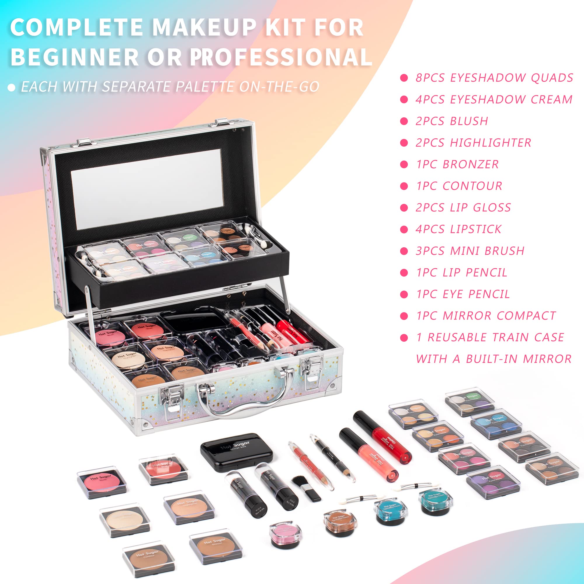 Hot Sugar Makeup Kit for Women – Rainbow Train Case Starter Set with Pigmented Eyeshadow Palette, Blush & Lip & Eye Pencils
