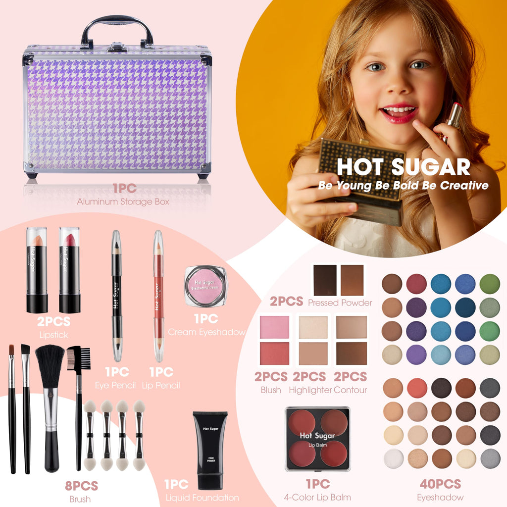 Hot Sugar Teen Makeup Kit – 40-Piece Beginner Set in Aluminum Case (Purple Houndstooth)
