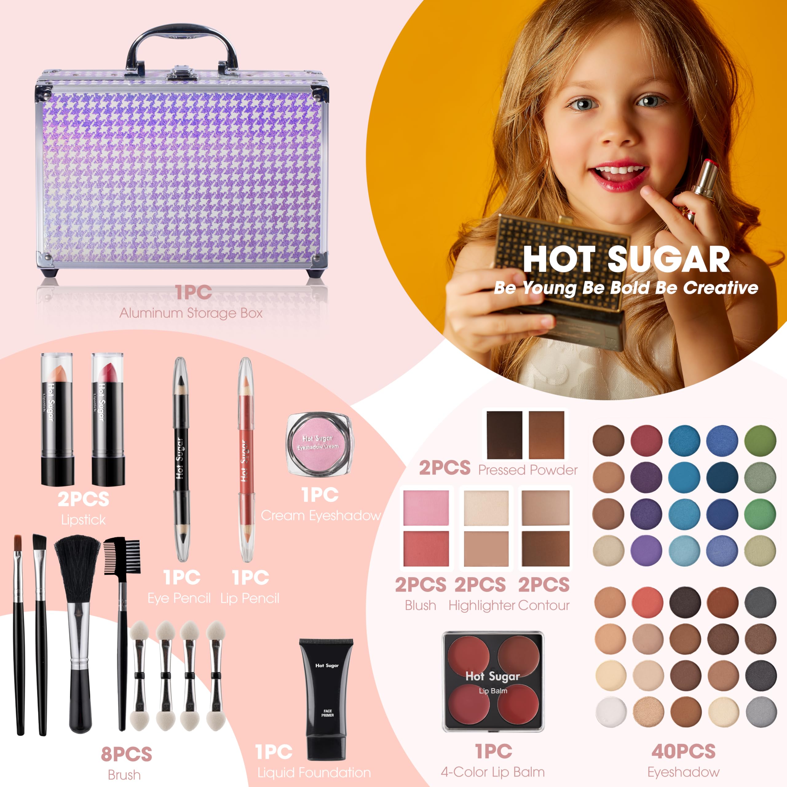 Hot Sugar Teen Makeup Kit – 40-Piece Beginner Set in Aluminum Case (Purple Houndstooth)