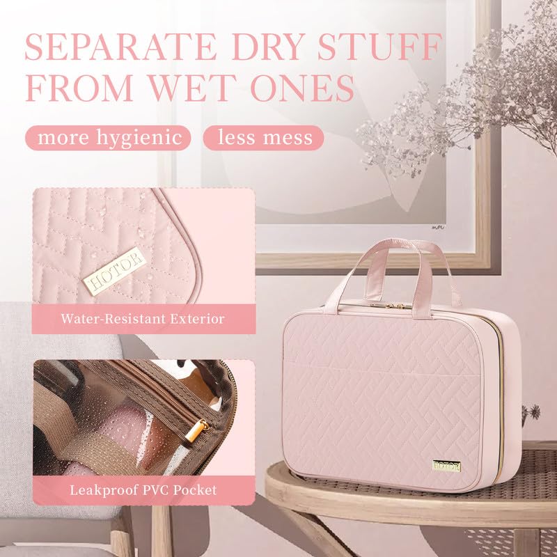 HOTOR Travel Toiletry Bag - Hanging, Large Compartments, Waterproof - Pale Pink