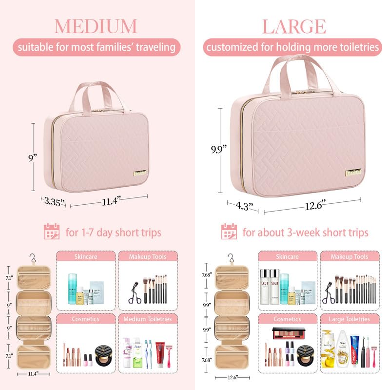 HOTOR Travel Toiletry Bag - Hanging, Large Compartments, Waterproof - Pale Pink