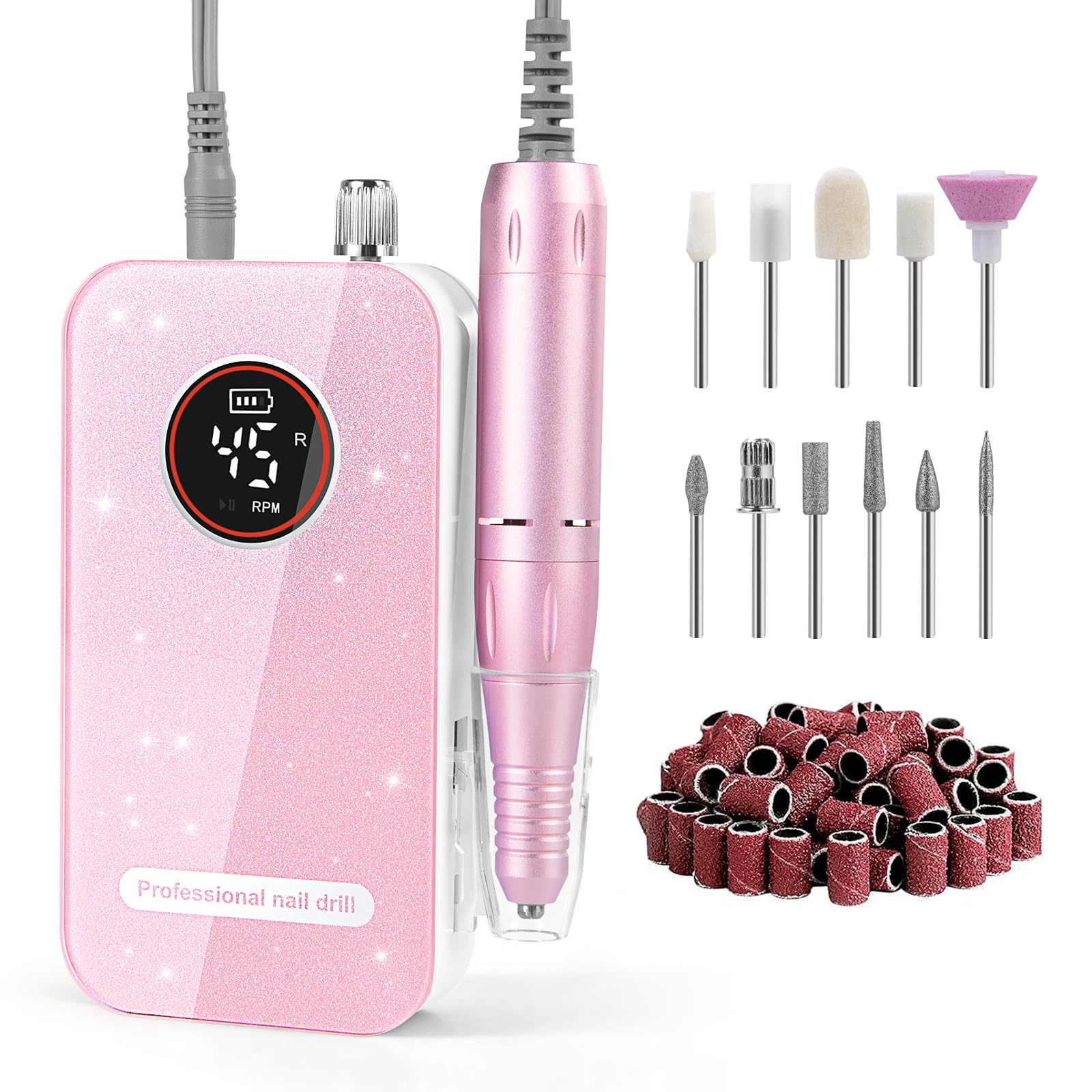 HQMPHQ Professional Nail Drill 45,000 RPM – Portable, Low Noise (Pink) with 11 Bits & 50 Sanding Bands