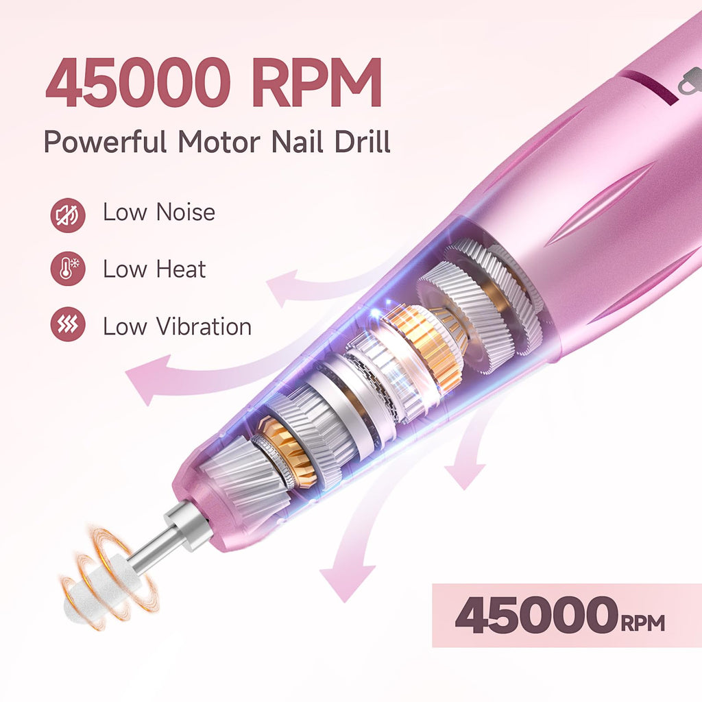 HQMPHQ Professional Nail Drill 45,000 RPM – Portable, Low Noise (Pink) with 11 Bits & 50 Sanding Bands