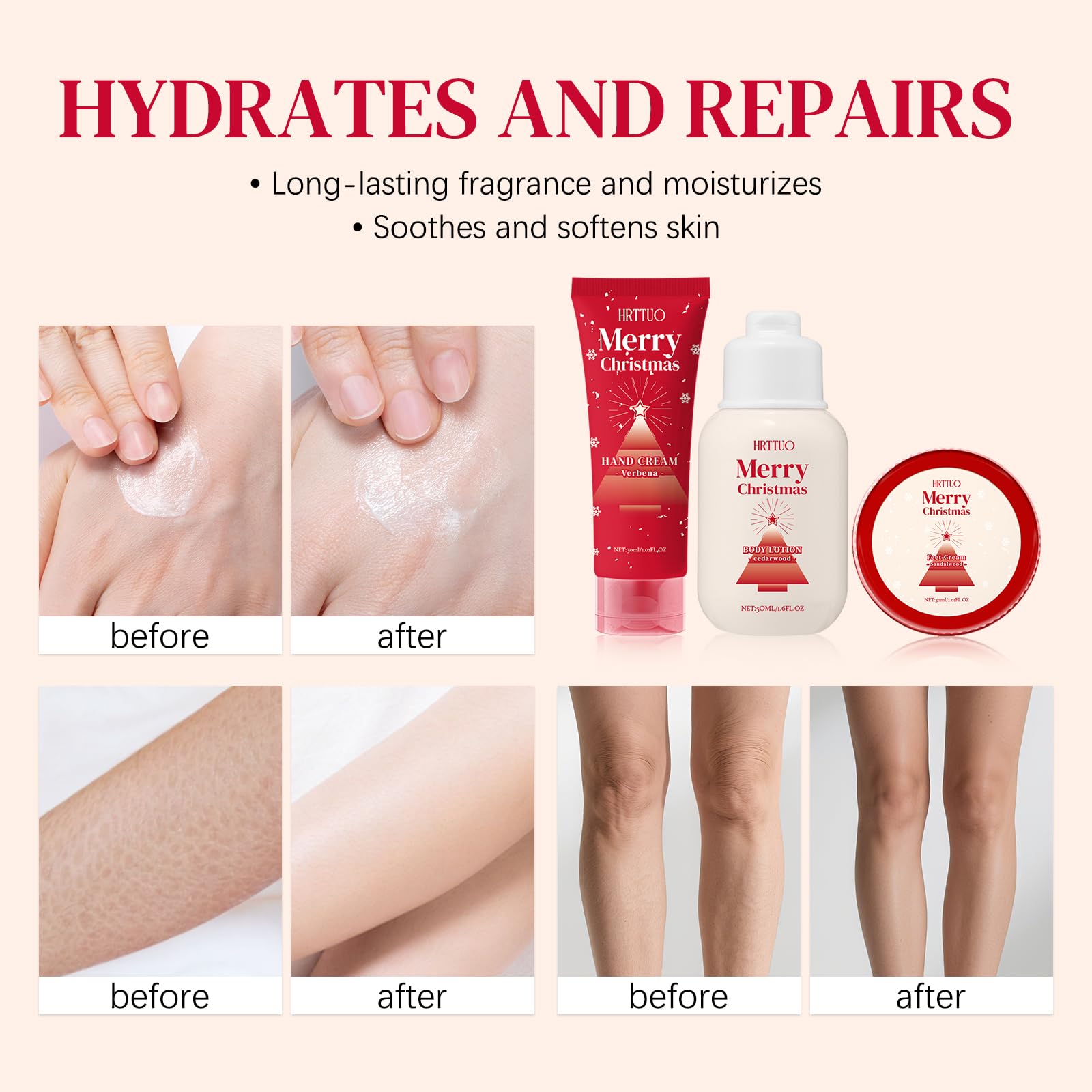 HRTTUO Christmas Body Care Gift Set for Women | Moisturizing Body Lotion, Hand Cream & Foot Cream