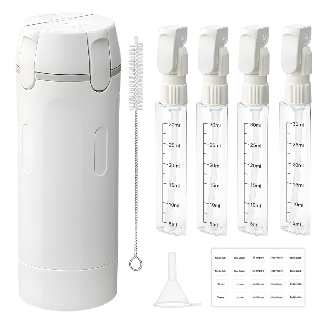 HSXCCL 4 in 1 Travel Dispenser Bottles – Refillable, No-Spill, Space-Saving Travel Kit (White)