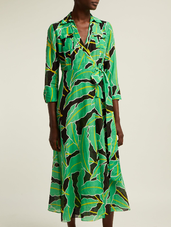 Diane Von Furstenberg DVF Wrap Dress In Windsor Floral Palm Green Print