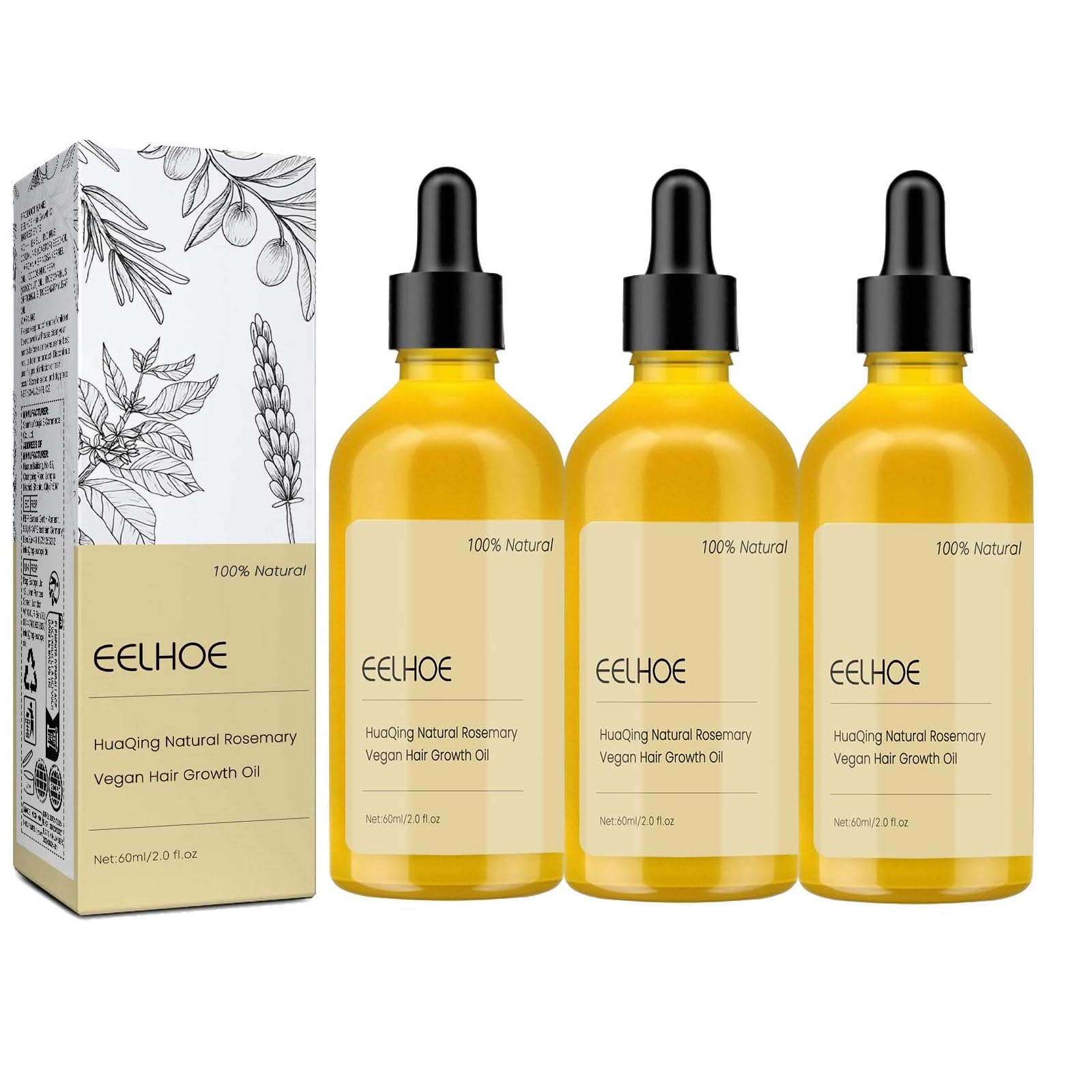 HuaQing 180 ml Rosemary Hair Growth Oil – Natural Organic Hair Oil for Damaged & Thin Hair (3-Piece Set)