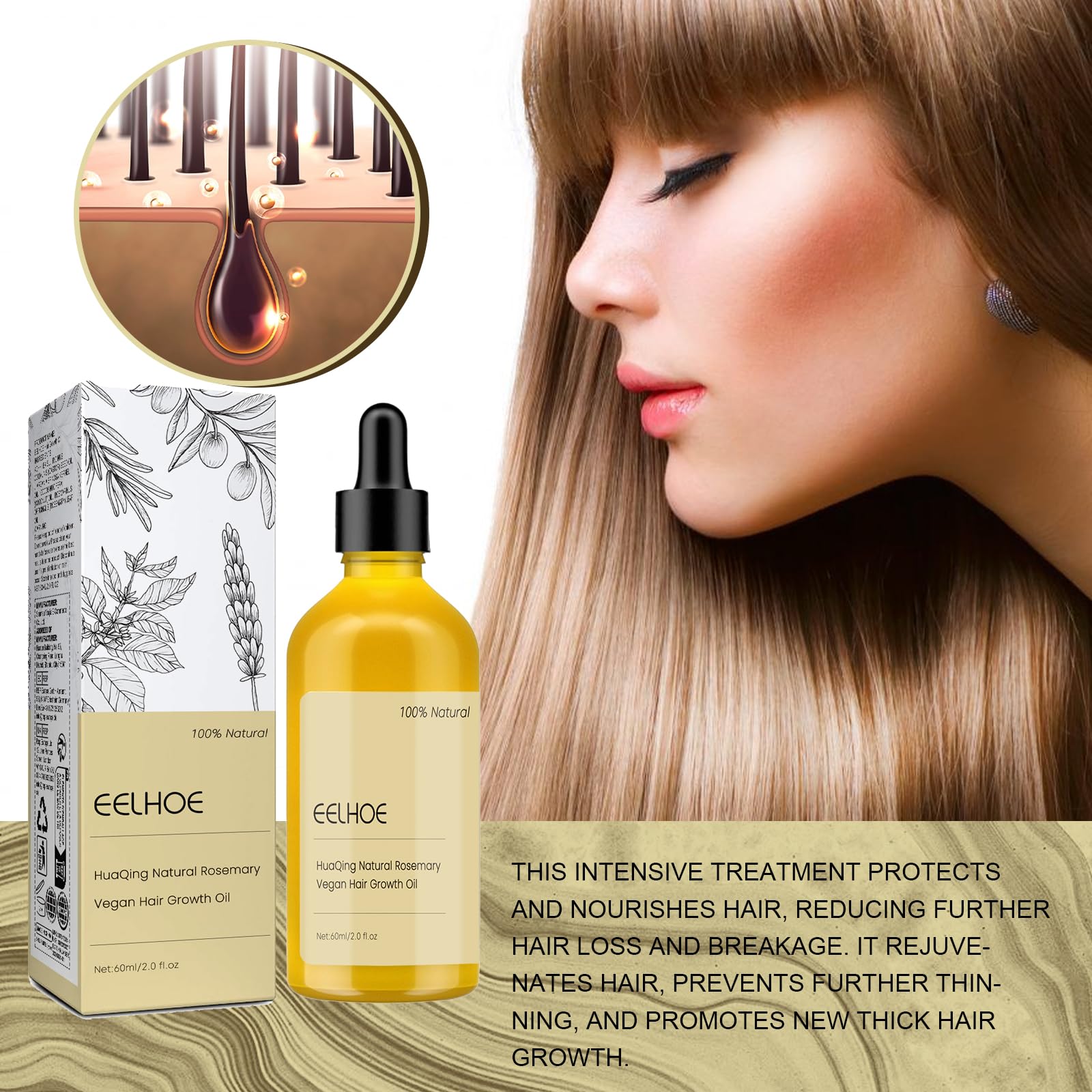 HuaQing 180 ml Rosemary Hair Growth Oil – Natural Organic Hair Oil for Damaged & Thin Hair (3-Piece Set)