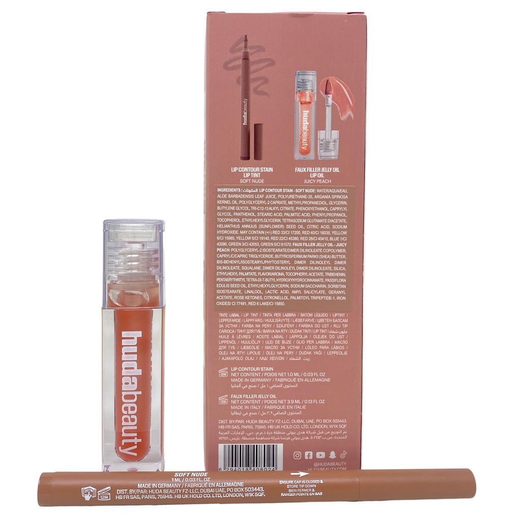 Make Out Sesh Lip Duo by Huda Beauty – Lip Contour Stain & Jelly Oil (Peachy Nudes) Limited Edition