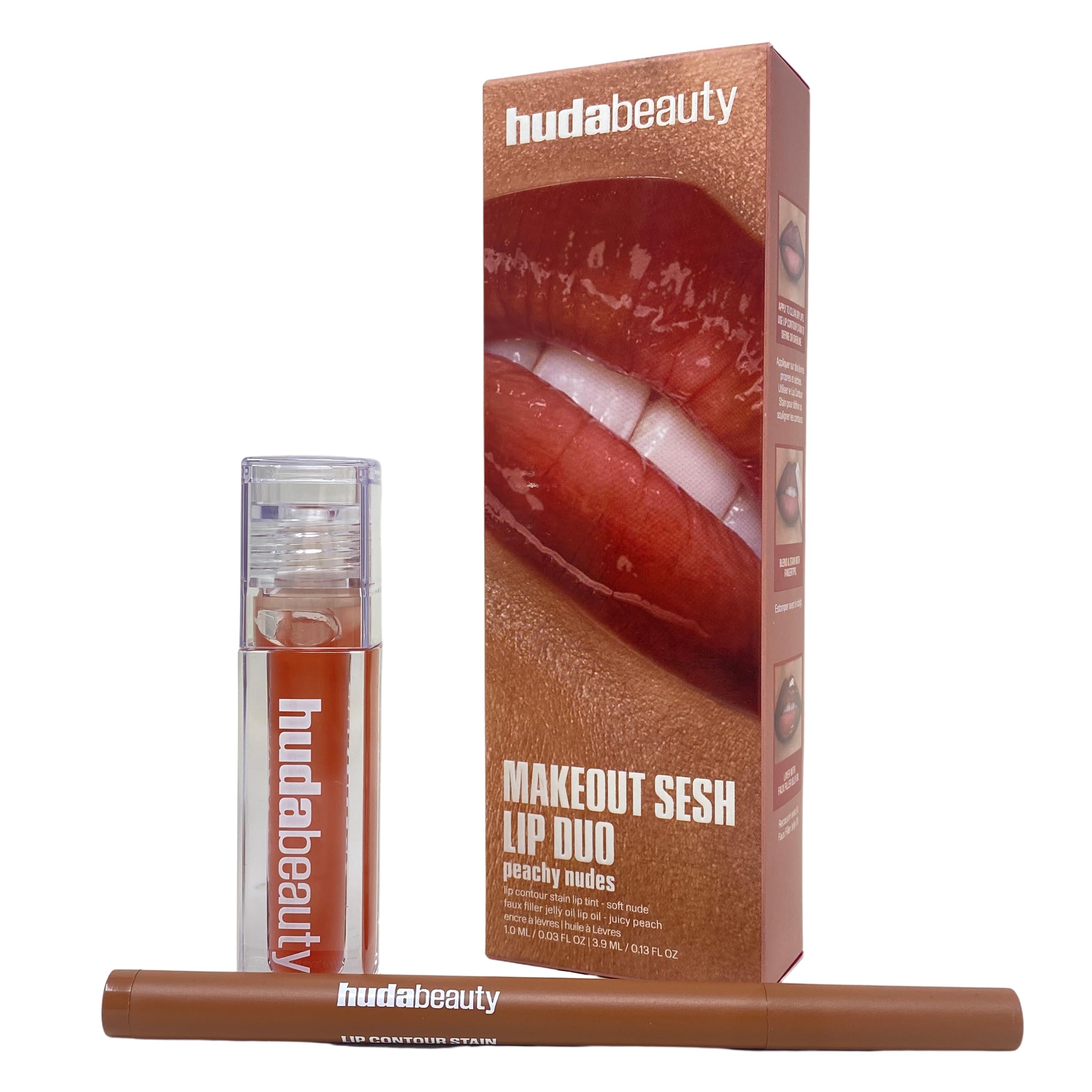 Make Out Sesh Lip Duo by Huda Beauty – Lip Contour Stain & Jelly Oil (Peachy Nudes) Limited Edition