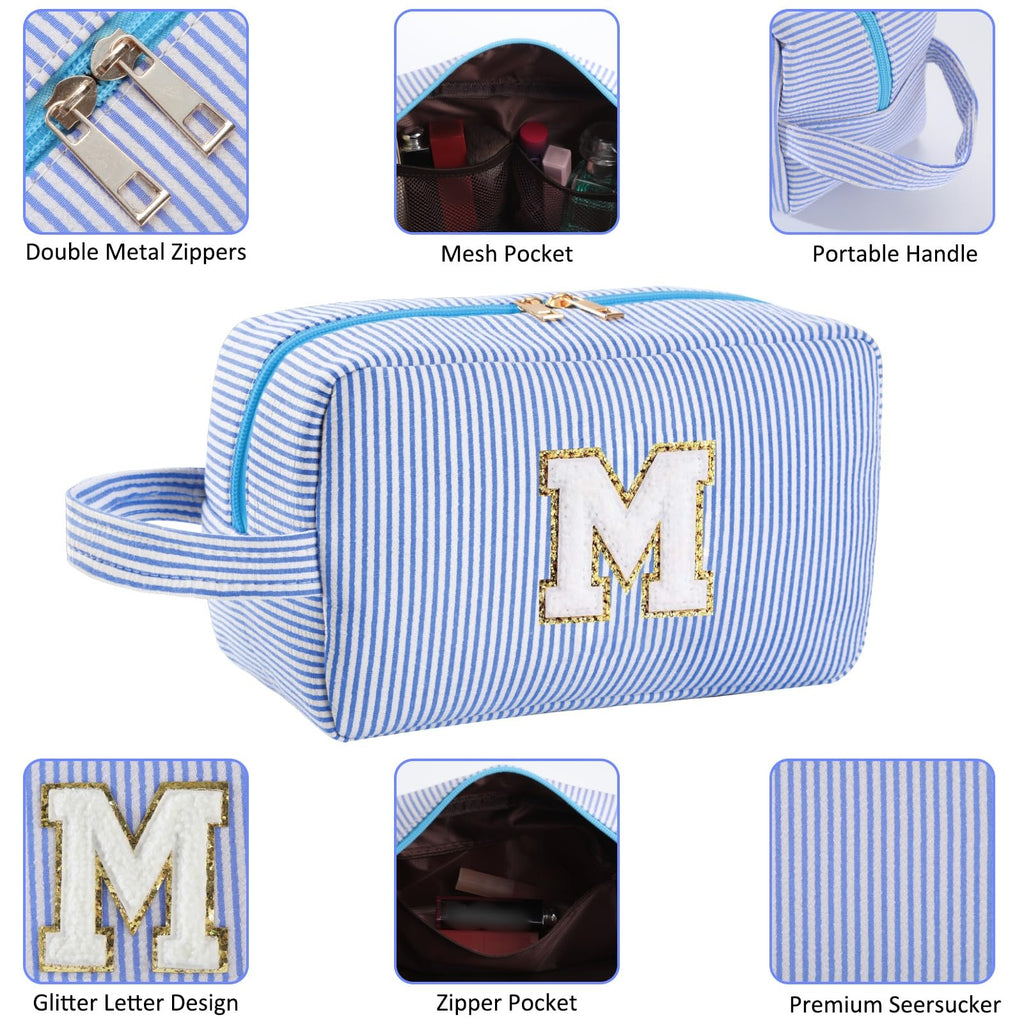 Huifen Personalized Initial Makeup Bag A-Z | Blue Stripe Travel Toiletry Bag