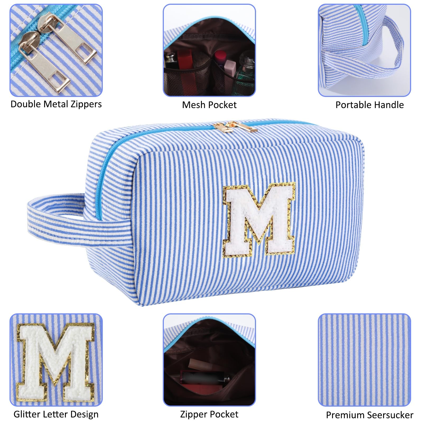 Huifen Personalized Initial Makeup Bag A-Z | Blue Stripe Travel Toiletry Bag