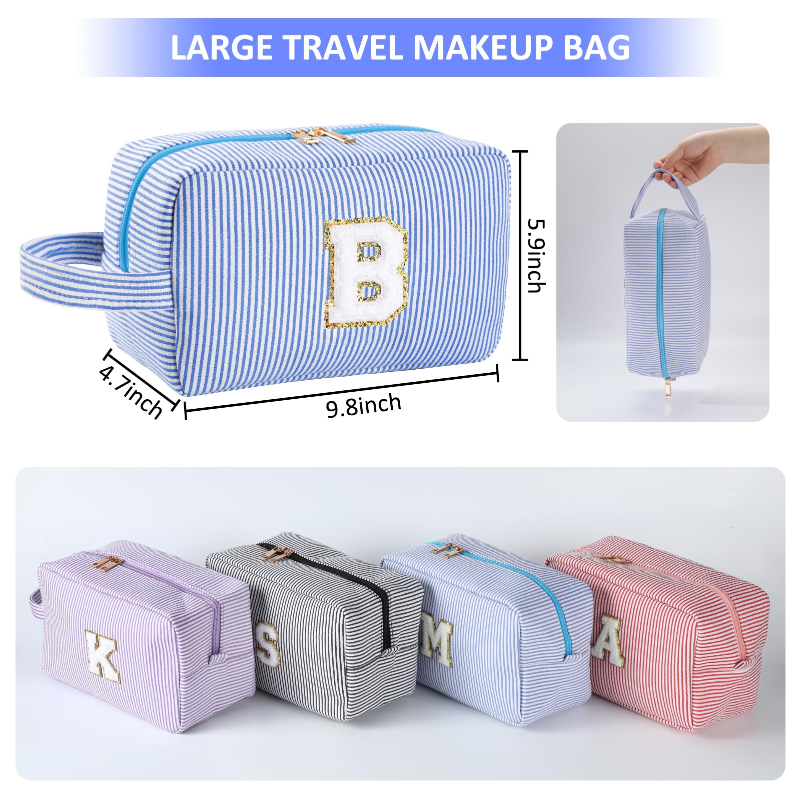 Huifen Personalized Initial Makeup Bag – A-Z Monogram Travel Cosmetic Bag (Blue)