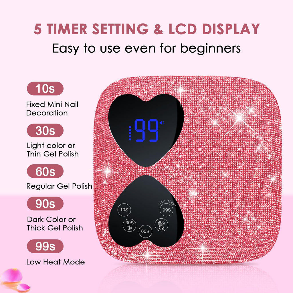 HUITINE 80W Cordless UV LED Nail Lamp with 5 Timers & Mirror Base | Pink Diamond