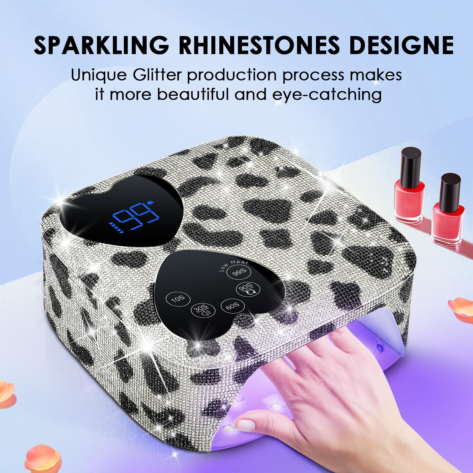 HUITINE 80W UV LED Nail Lamp Cordless – Cow Diamond, 5 Timers & Mirror Base
