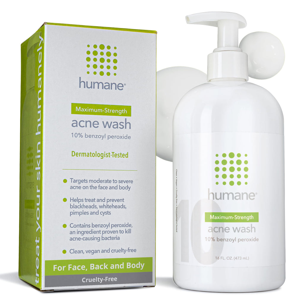 Humane 10% Benzoyl Peroxide Acne Body Wash – Maximum-Strength Face, Back & Body Cleanser (16 oz)