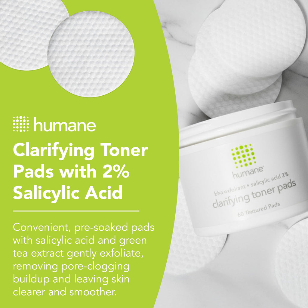 Humane Clarifying Toner Pads — 2% BHA Exfoliating Pads for Clearer Pores (60 Count)