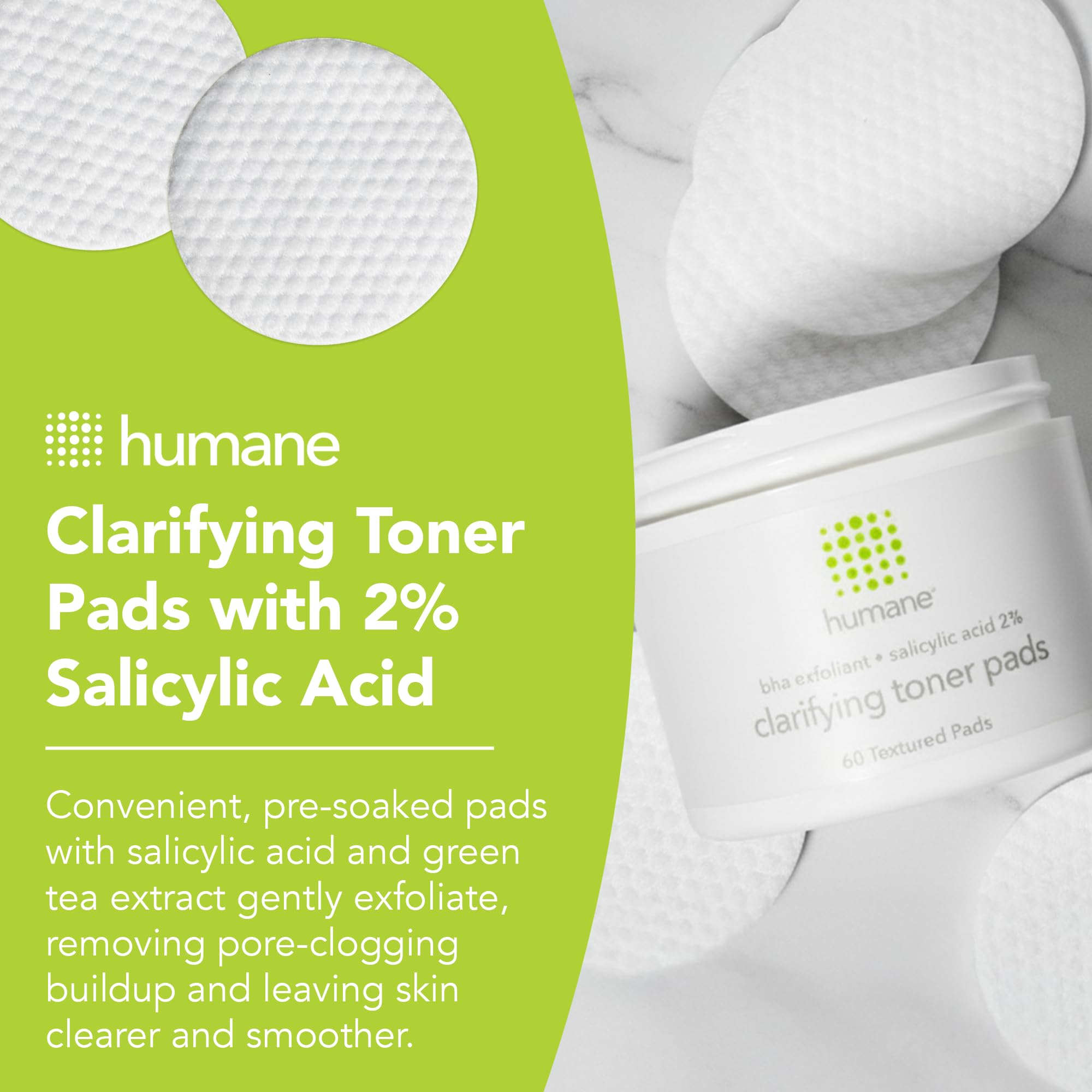 Humane Clarifying Toner Pads — 2% BHA Exfoliating Pads for Clearer Pores (60 Count)