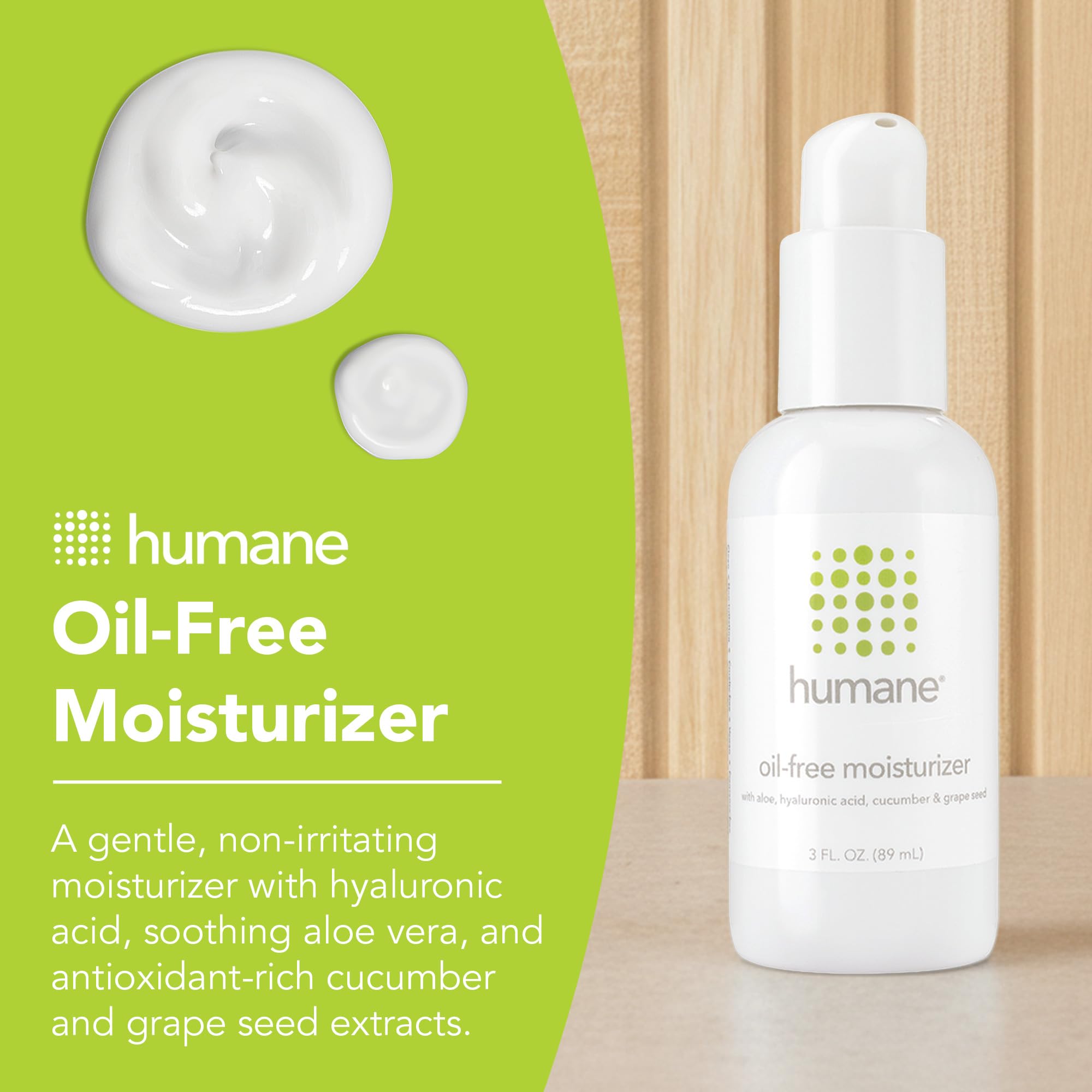 Humane Oil-Free Daily Moisturizer for Acne-Prone Skin – 4 oz with Hyaluronic Acid, Aloe Vera, Cucumber & Grapeseed