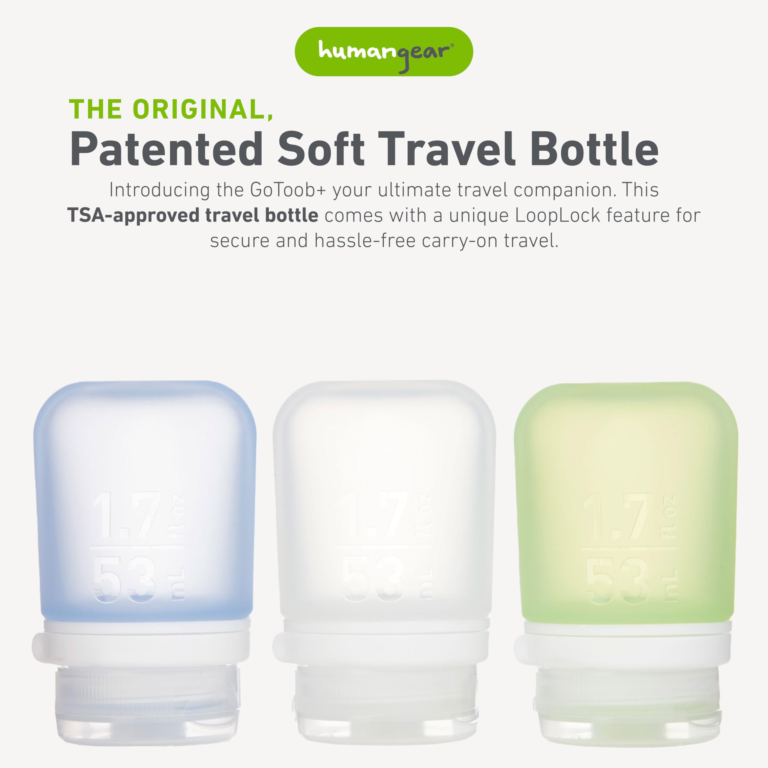humangear GoToob+ 3-Pack (Small) | Refillable Silicone Travel Bottles with Locking Lid | 1.7 fl oz