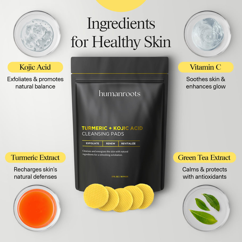Humanroots Turmeric Kojic Acid Cleansing Pads – Exfoliating Facial Pads with Vitamin C (30 Pads)