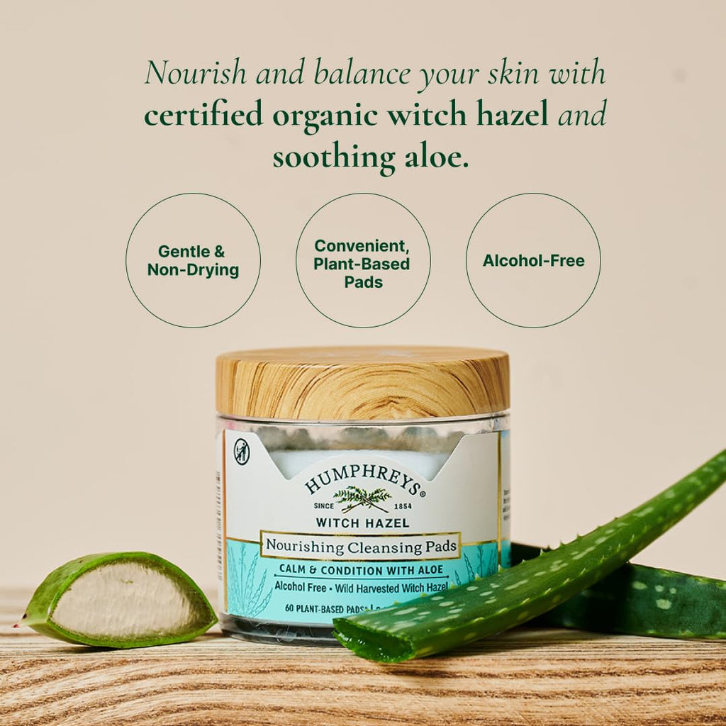 Humphreys Witch Hazel Nourishing Cleansing Pads – Alcohol-Free, Aloe Hydration, 60 Rounds