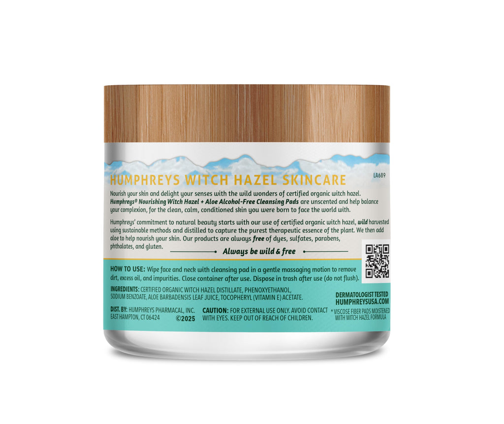 Humphreys Witch Hazel Nourishing Cleansing Pads – Alcohol-Free, Aloe Hydration, 60 Rounds