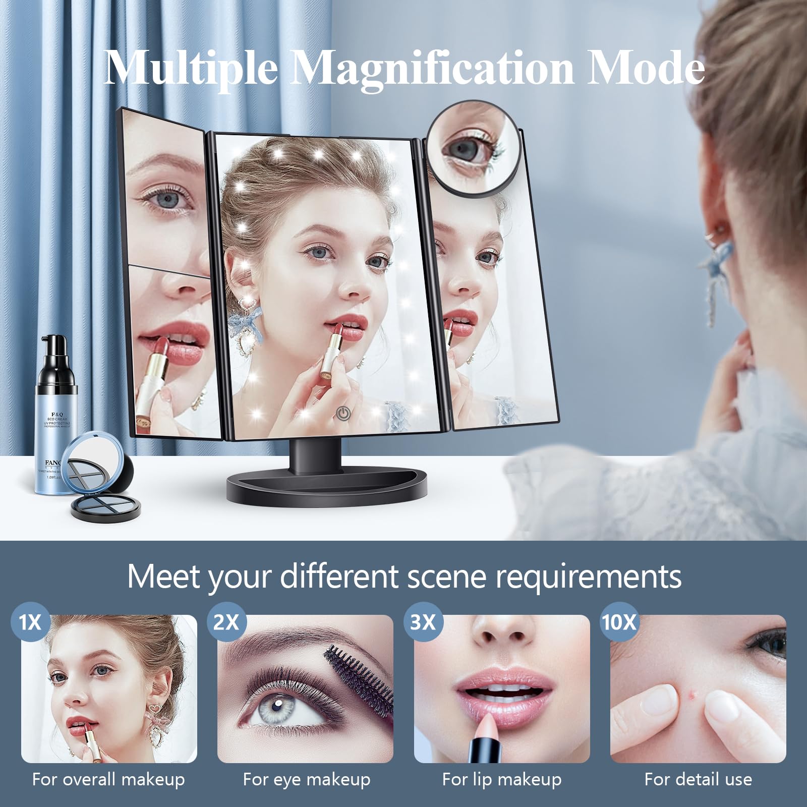 HUONUL Makeup Mirror with Lights – 2X/3X/10X Magnification, Touch Control, Trifold