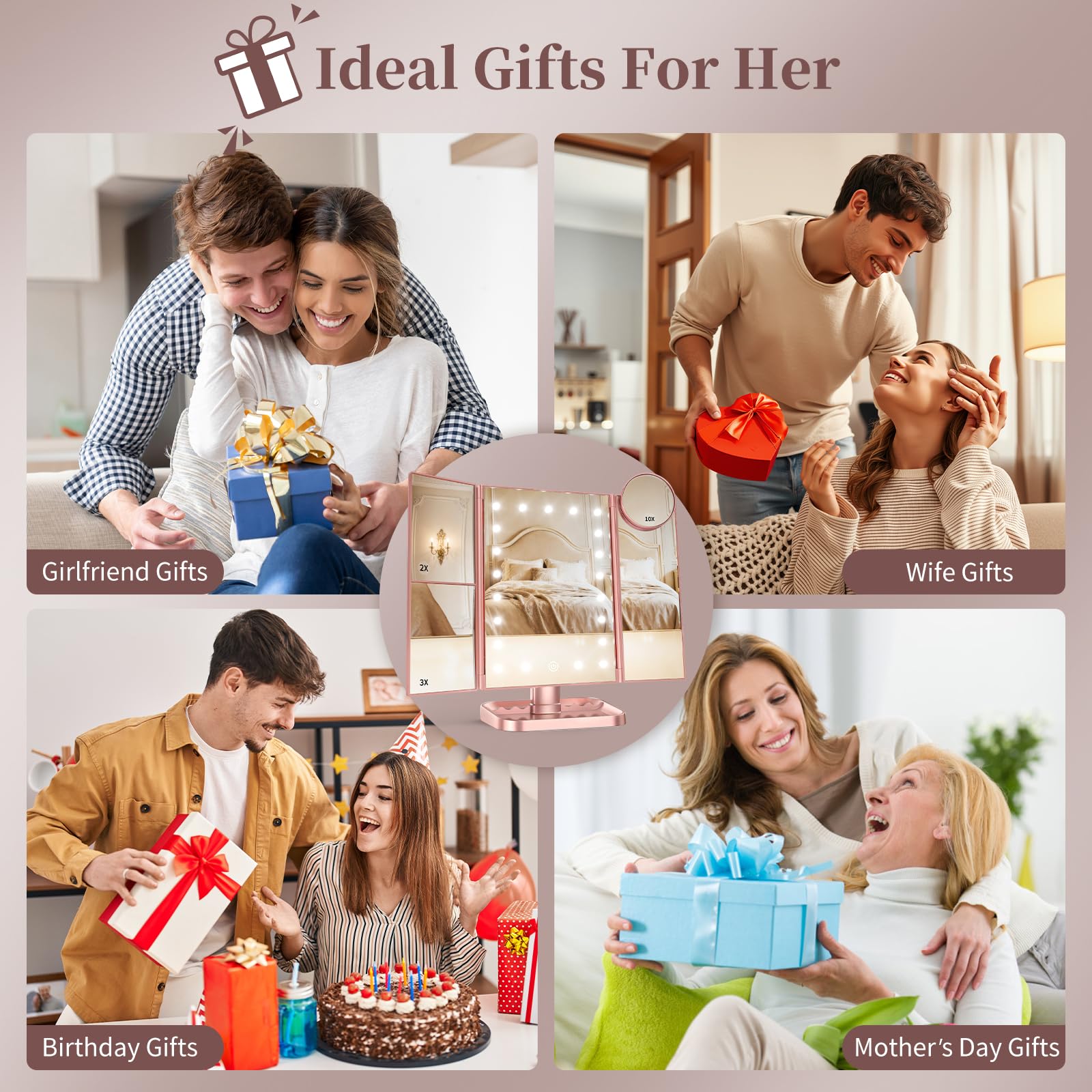 HUONUL Makeup Mirror with Lights — 2X/3X/10X Magnification, Touch Control, Trifold Vanity