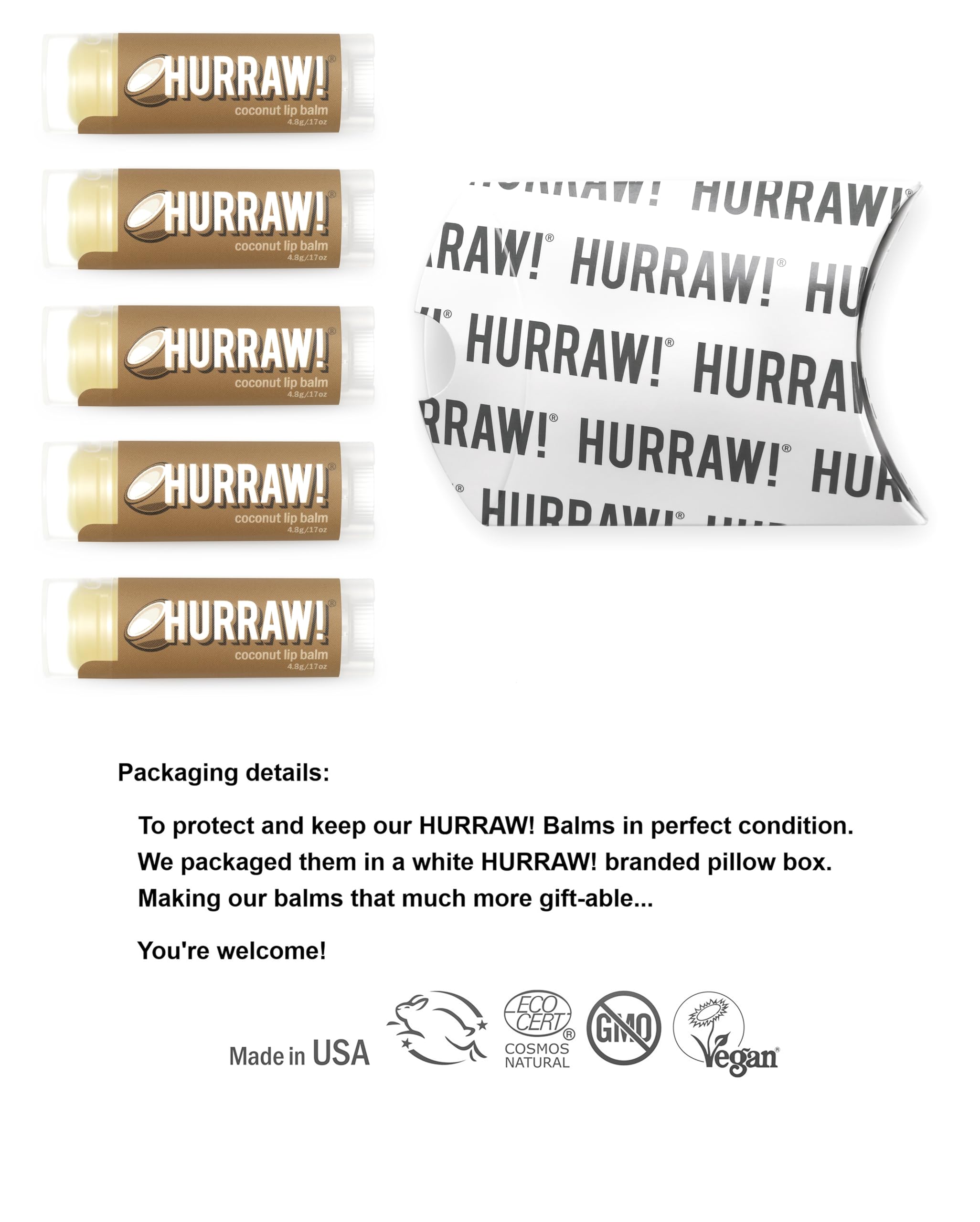 Hurraw! Coconut Lip Balm 5-Pack – Organic, Vegan, Gluten-Free