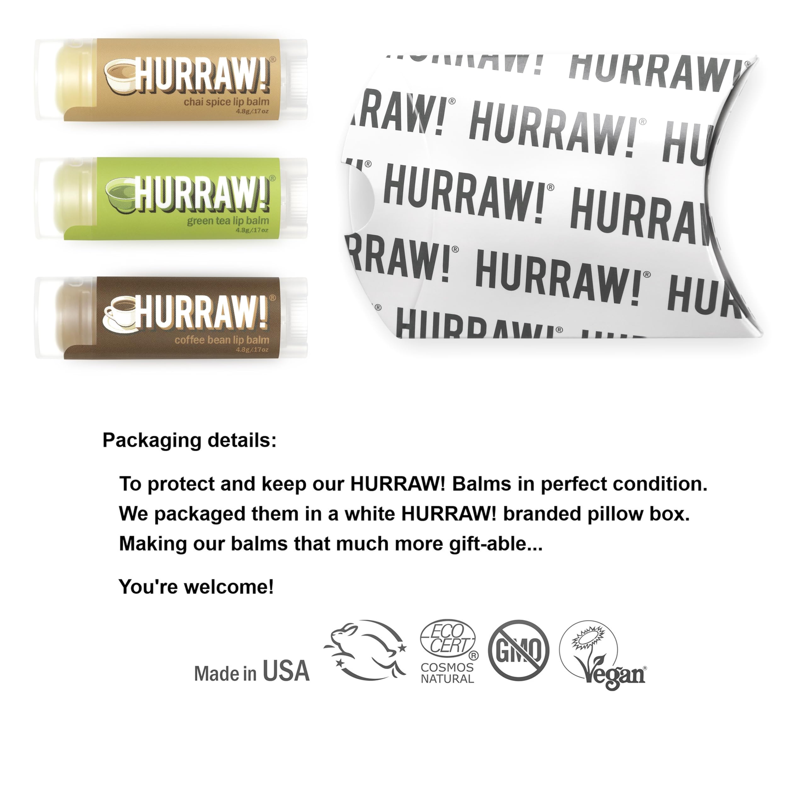 Hurraw! Lip Balm 3-Pack: Chai Spice, Green Tea & Coffee Bean – Organic & Vegan