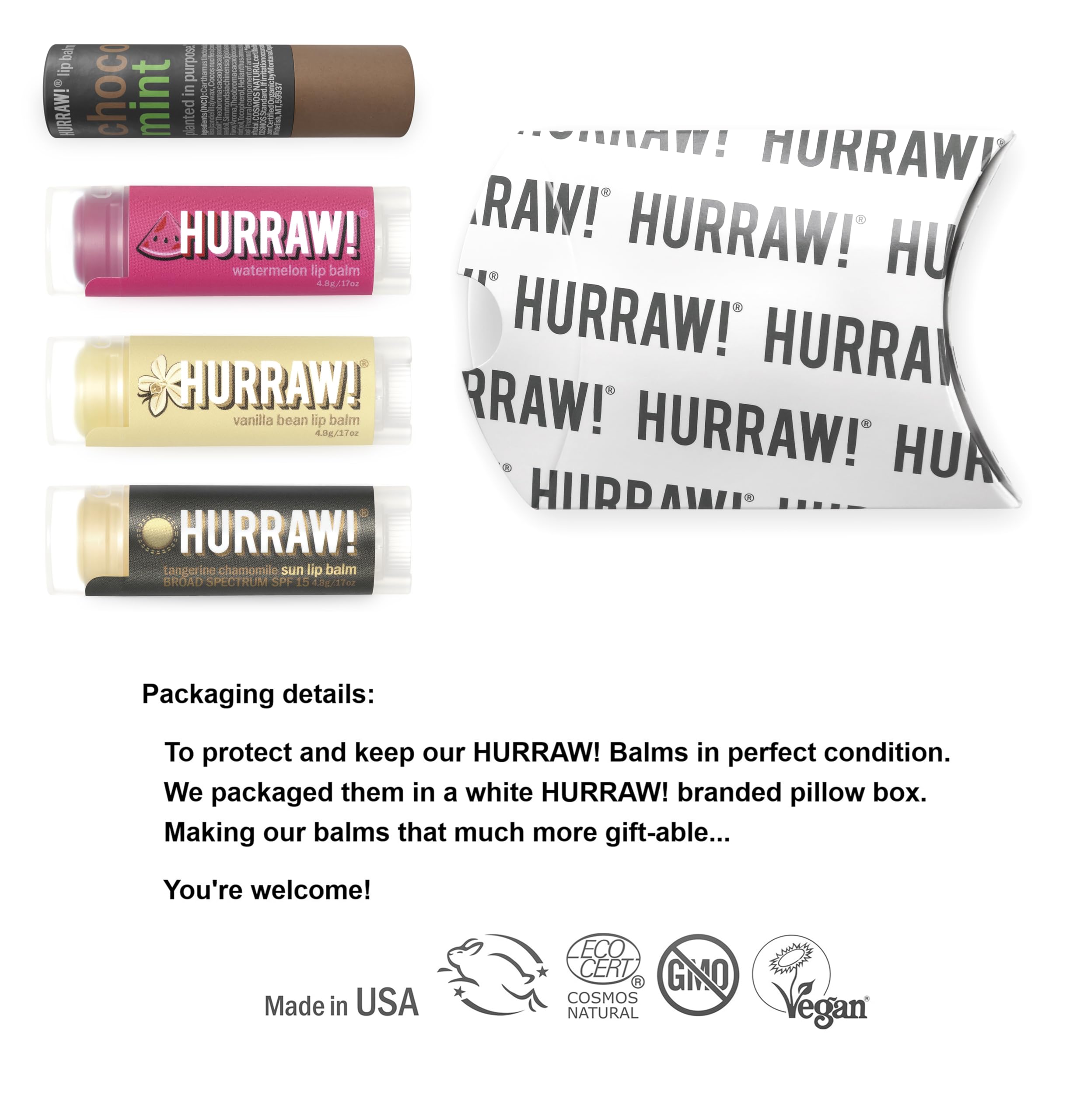 Hurraw! Lip Balms 4-Balm Bundle: Chocolate Mint, Watermelon, Vanilla Bean & Sun SPF 15 | Organic, Vegan, 100% Natural