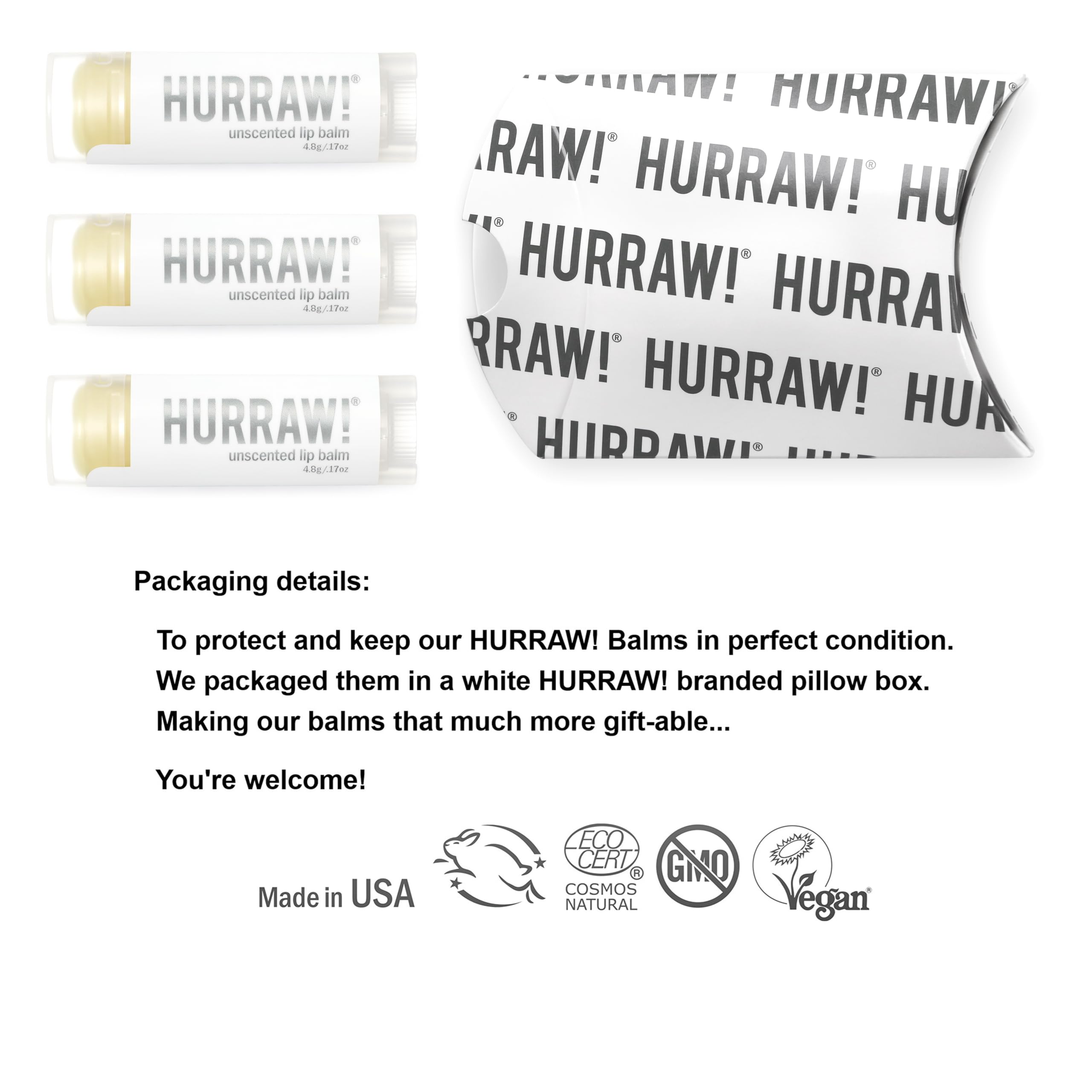 Hurraw! Unscented Lip Balm 3 Pack – Organic, Vegan, Cruelty-Free, Gluten Free | Made in USA