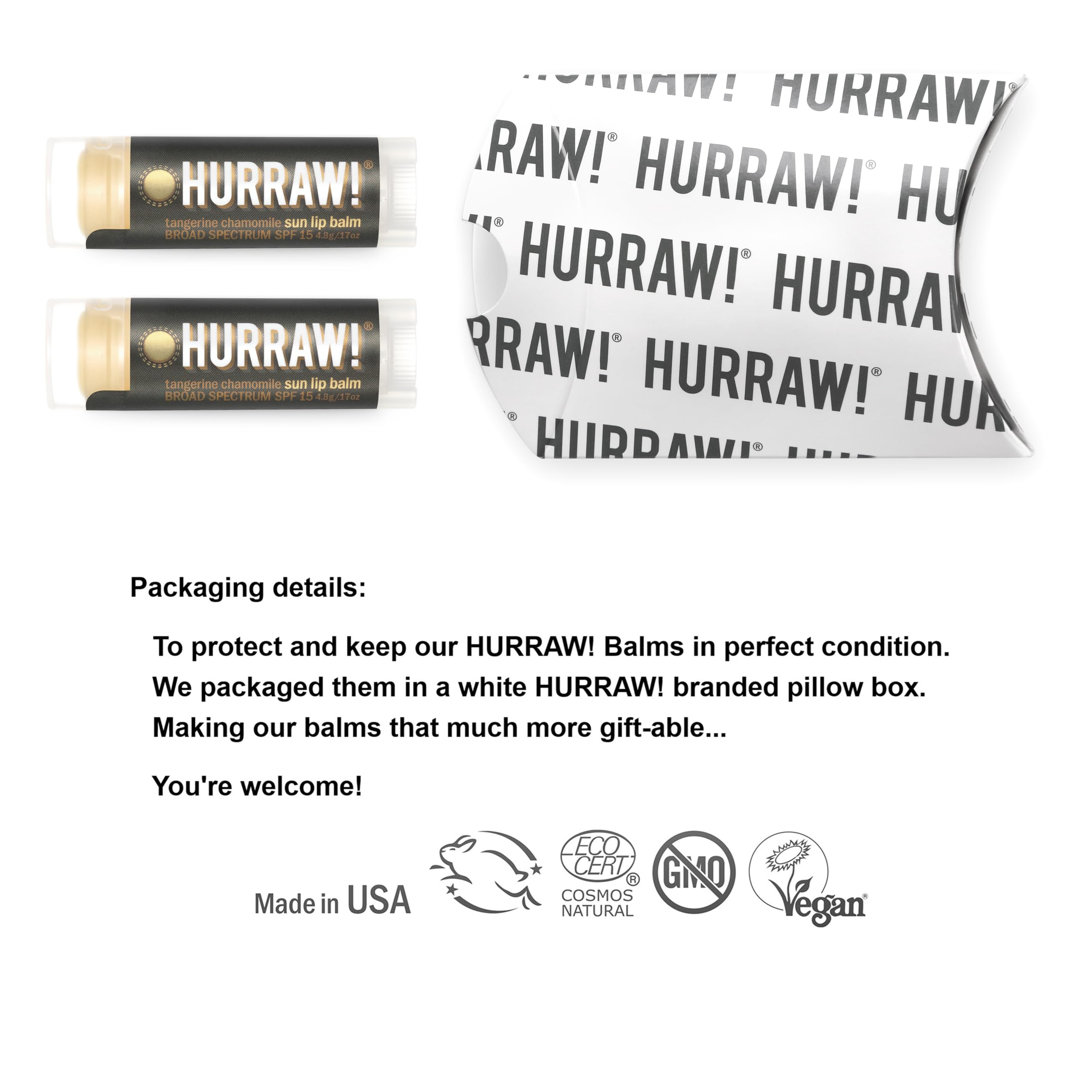 Hurraw! Sun Lip Balm SPF 15 – Tangerine & Chamomile (2-Pack) Organic, Vegan, Gluten Free | Zinc Oxide Protection