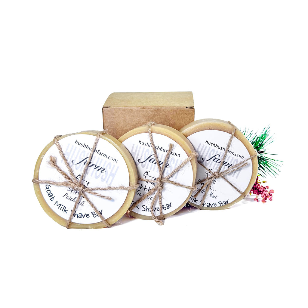HushHush Farm Shaving Soap for Men – Goat Milk, Olive Oil & Cocoa Butter | 3-Pack (Patchouli, Tea Tree, Lavender Mint)