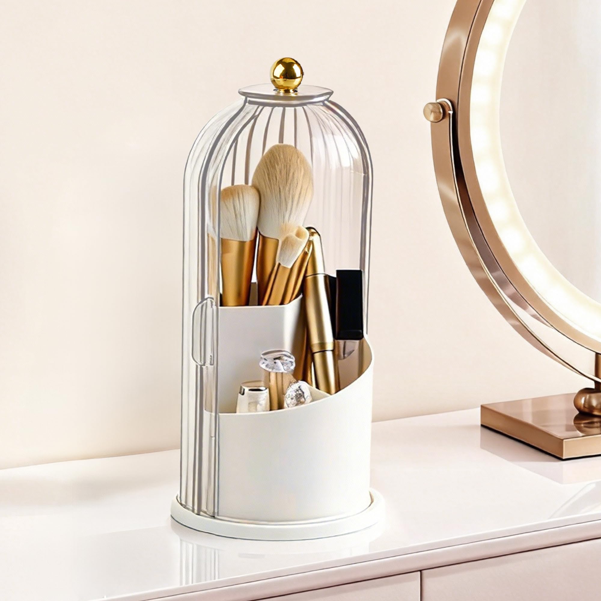Hvygss 360° Rotating Makeup Brush Holder with Lid | Waterproof Three-Compartment Vanity Organizer