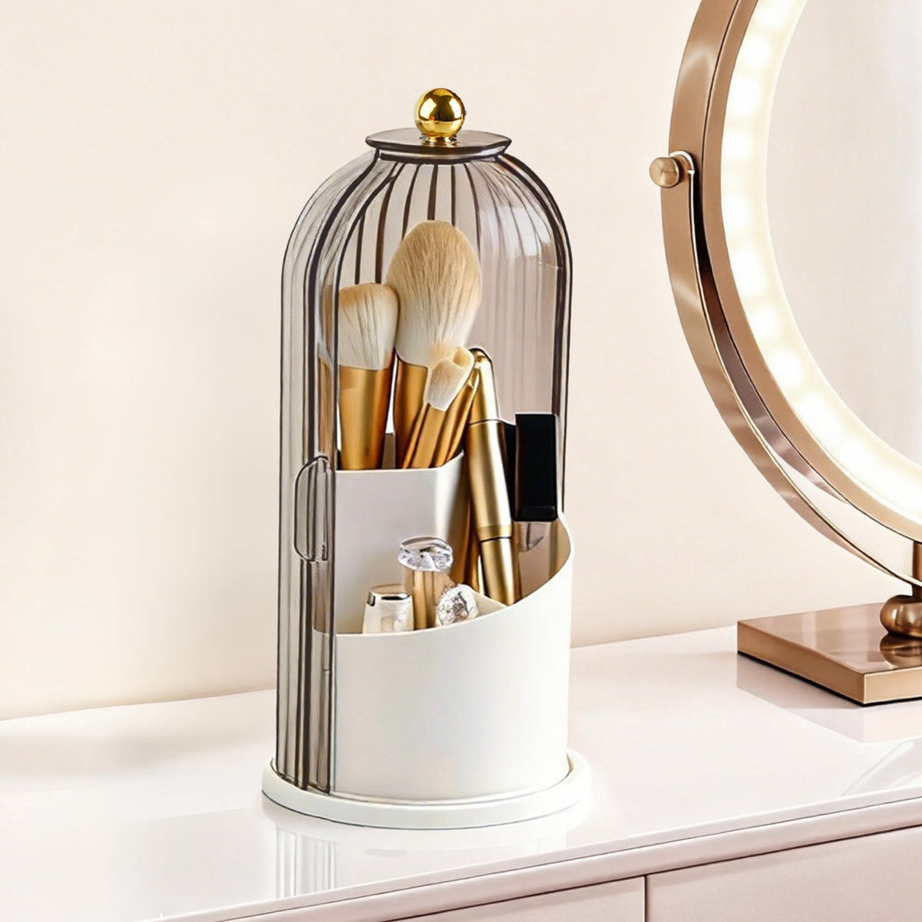 Hvygss 360° Rotating Makeup Brush Holder with Lid – Waterproof 3-Compartment Organizer