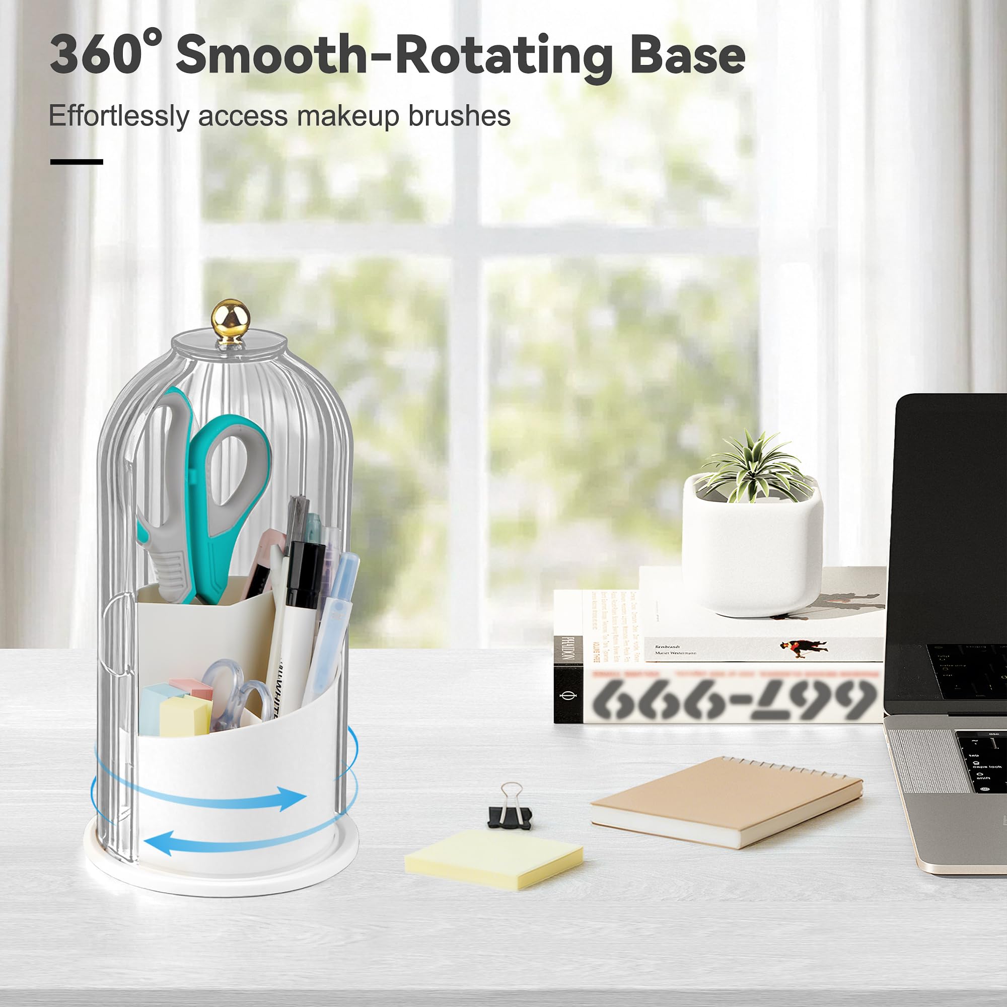 Hvygss 360° Rotating Makeup Brush Holder with Lid | Waterproof Three-Compartment Vanity Organizer