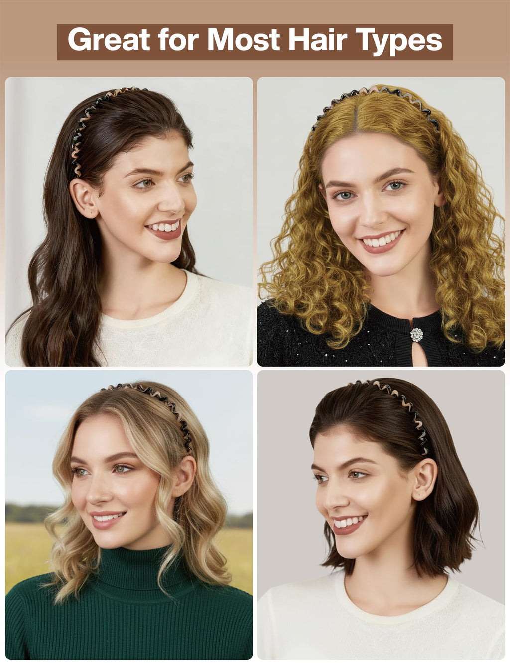 HYFEEL Wavy Headbands – Non-Slip Skinny Hair Bands (2 Pack, Tortoise Shell & Ivory)