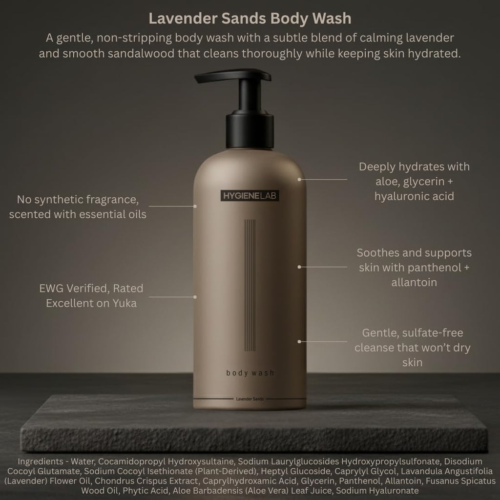 HygieneLab Men's Natural Body Wash – Ultra Hydration, EWG Verified Clean, Lavender Sands (Sulfate-Free, 10 oz)