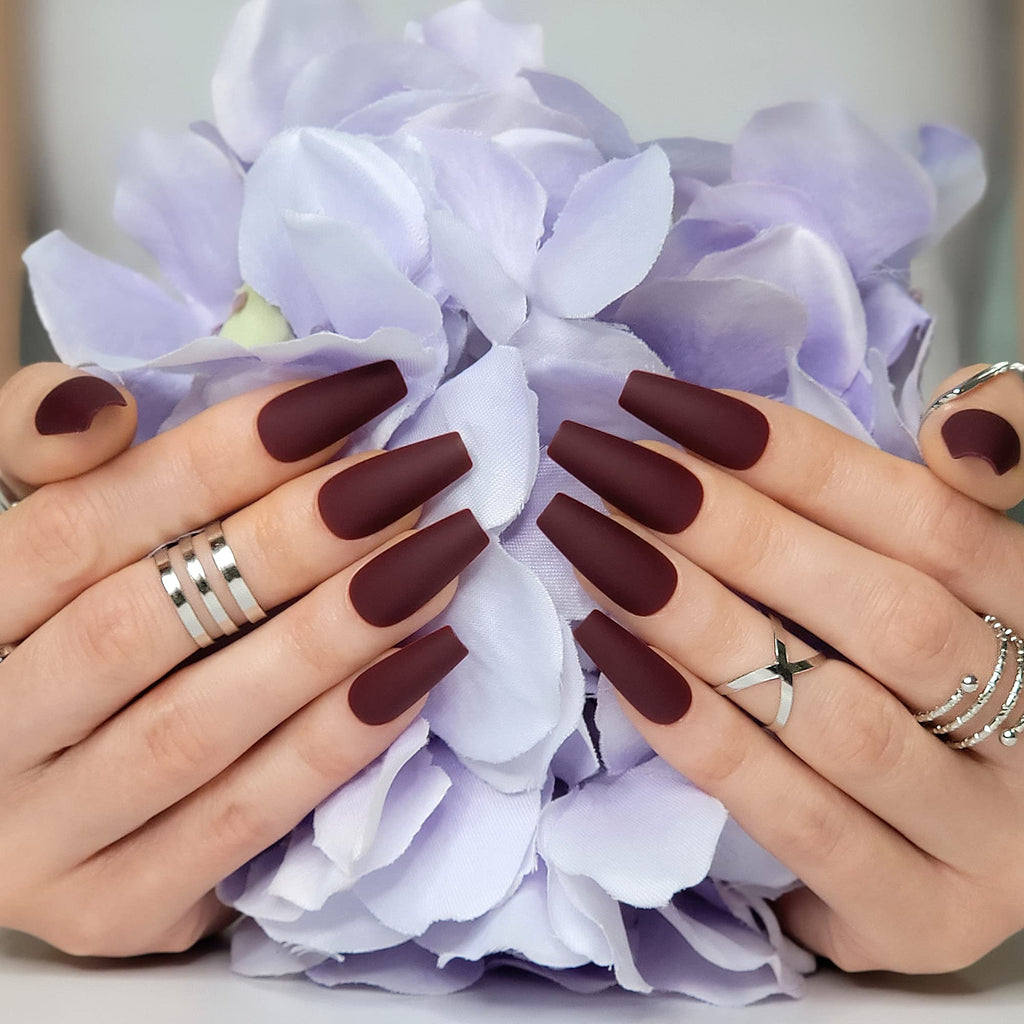 Hypnaughty 24 Pcs Maroon Xtreme Matte Coffin Press-On Nails with Glue – Medium Long Full Cover