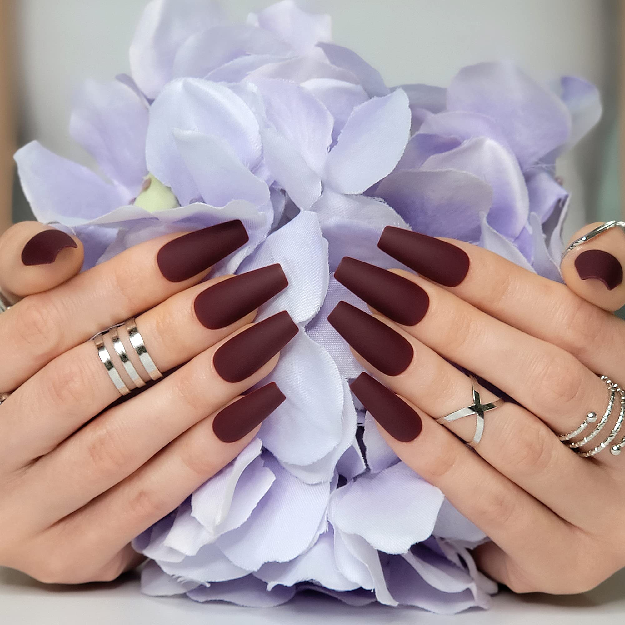 Hypnaughty 24 Pcs Maroon Xtreme Matte Coffin Press-On Nails with Glue – Medium Long Full Cover