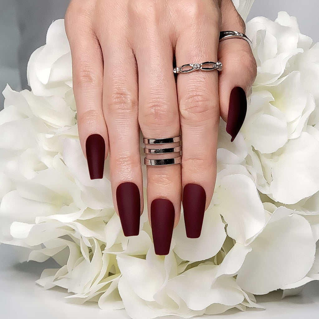 Hypnaughty 24 Pcs Maroon Xtreme Matte Coffin Press-On Nails with Glue – Medium Long Full Cover