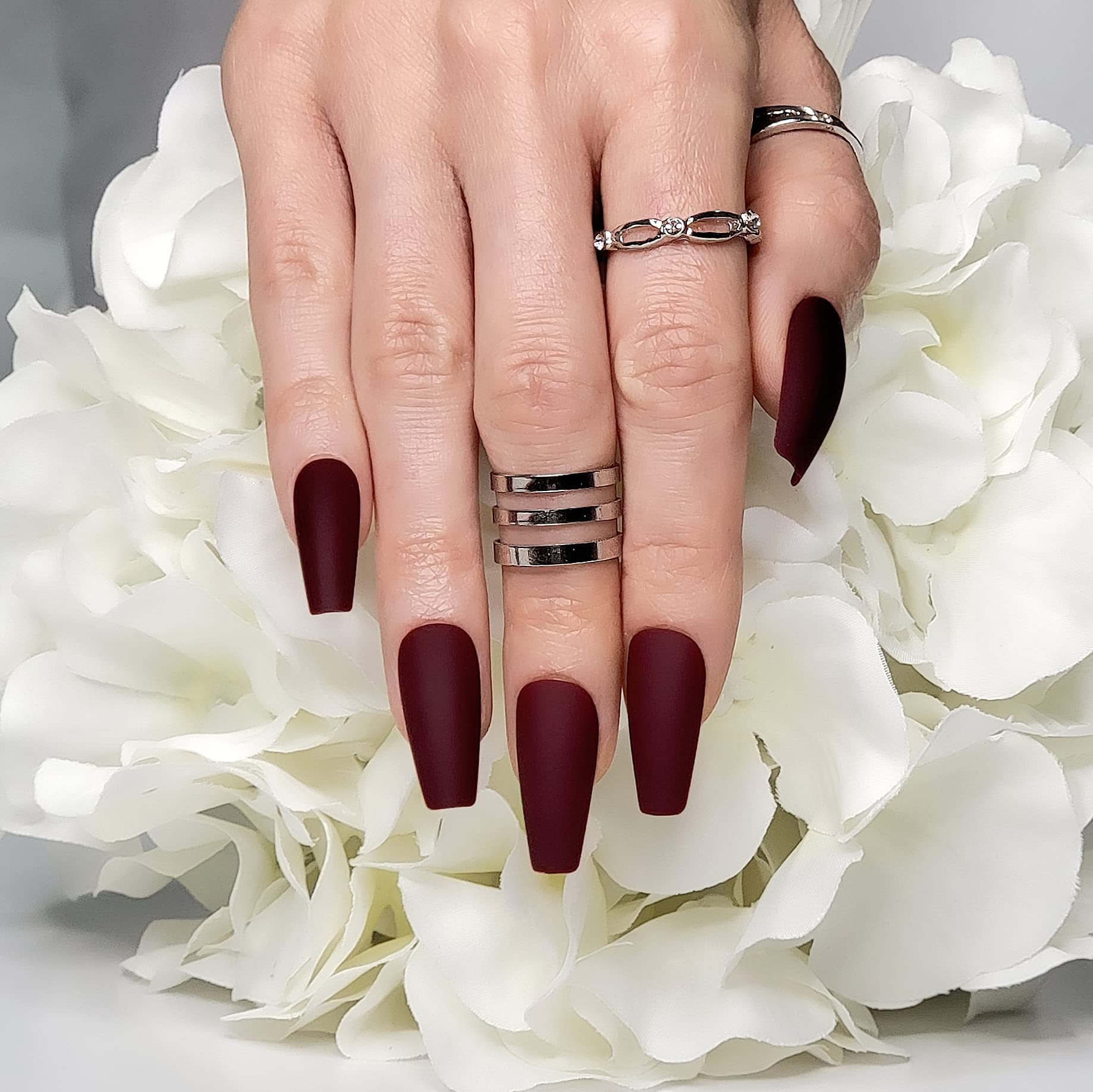 Hypnaughty 24 Pcs Maroon Xtreme Matte Coffin Press-On Nails with Glue – Medium Long Full Cover